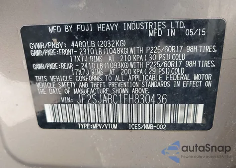 2015 Subaru Forester 2.5I из США, поврежденный, VIN JF2SJABC1FH830436